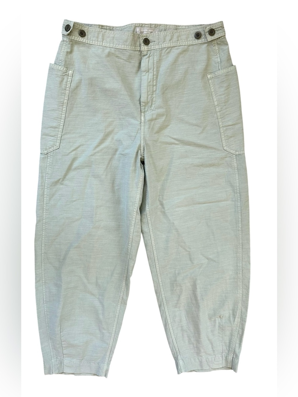 Everlane Pale Green Organic Cotton Linen Fatigue Barrel Leg Trousers Size 14